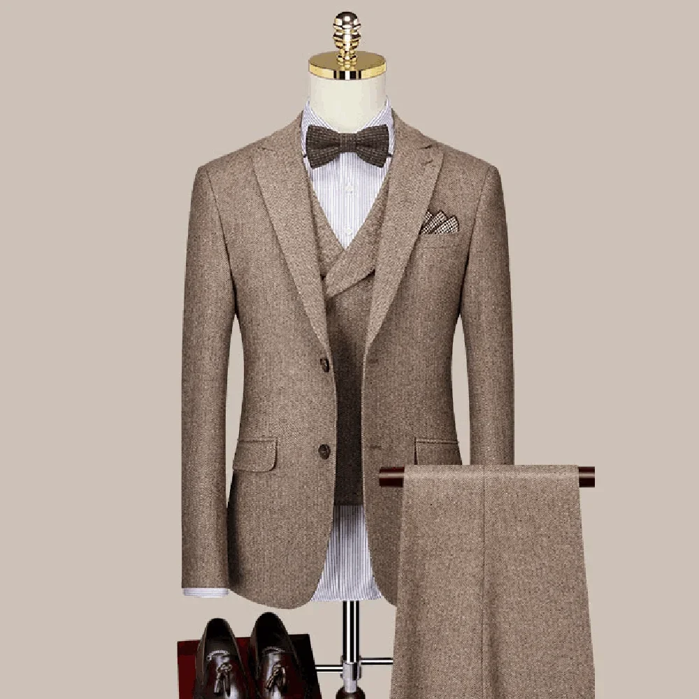 

Fashion Tweed Men's Suits High-end Solid Color Male Suit Groom Wedding Casual Tuxedo Chic Slim 3 Piece (Jacket+Vest+Pants)