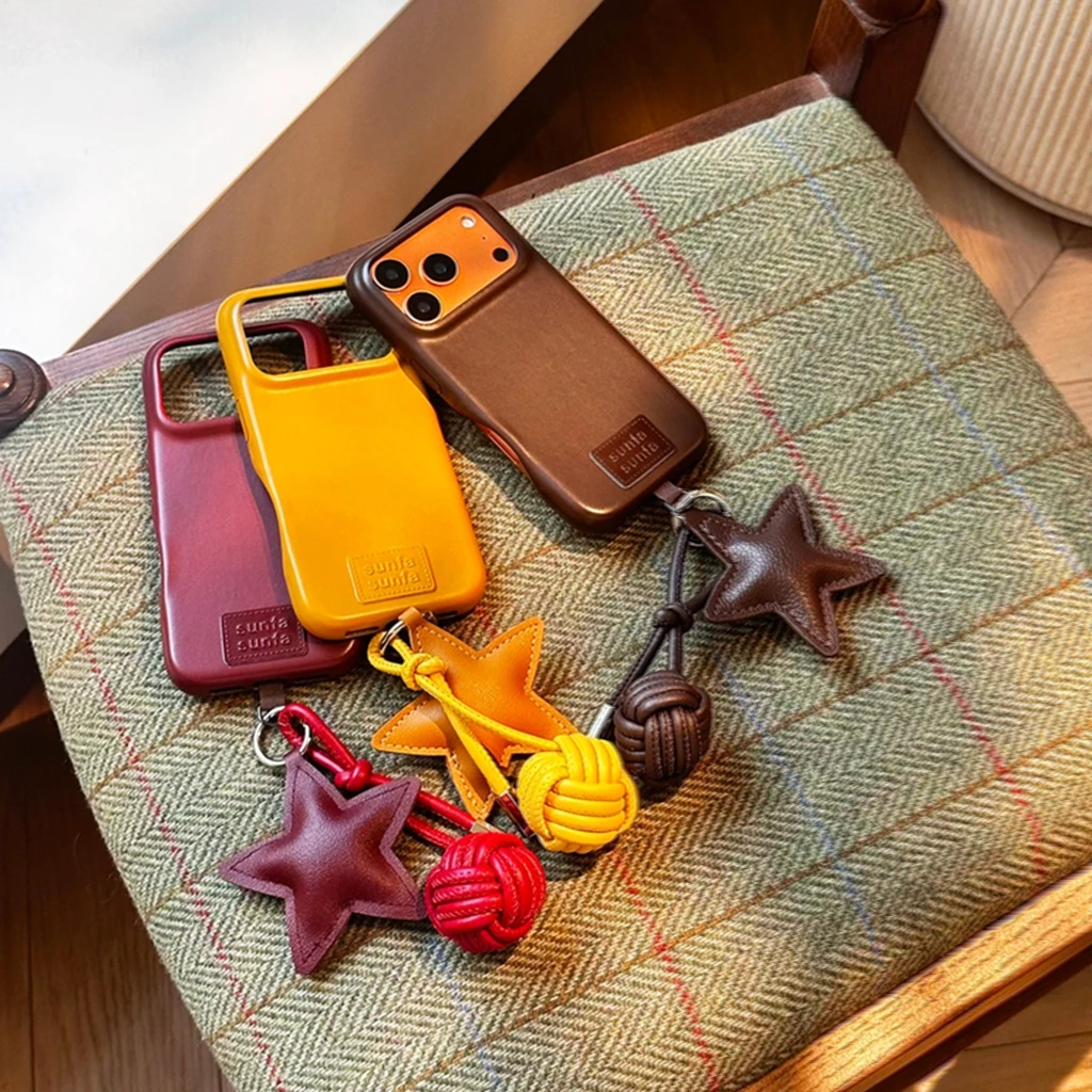 レトロな無地レザー五芒星ペンダント耐衝撃保護電話ケース iPhone 17 16 15 14 Pro Max対応