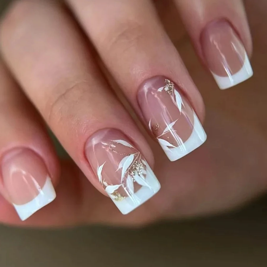 24개 글리터 잎사귀 프레스온 네일 미디움 스퀘어 스윗 쿨 가짜 손톱 브라운 그라데이션 가짜 손톱 심플 프렌치 네일 가을용