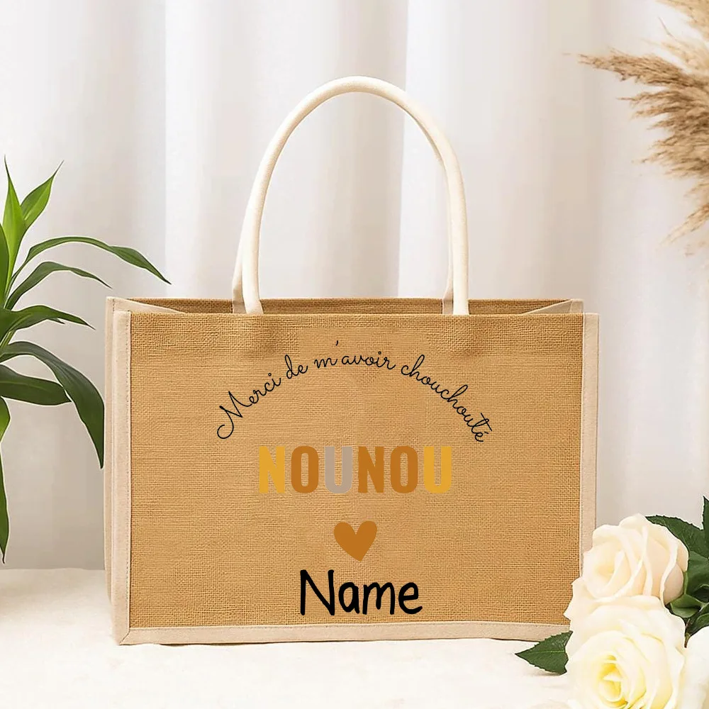 

Personalized Merci Nounou Burlap Tote Bag Women Burlap Shopping Bags with Name Female Handbag Best Gift for Nounou