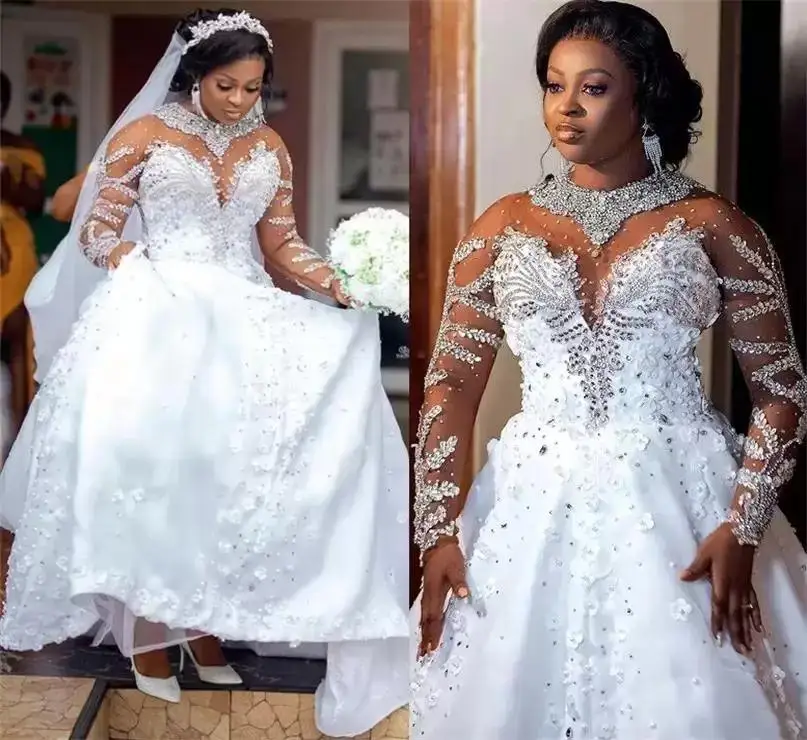 

Customized African Lace Sequin Rhinestones Decorated Long Sleeve Handmade Custom Made Wedding Dress Bride Ball Gown