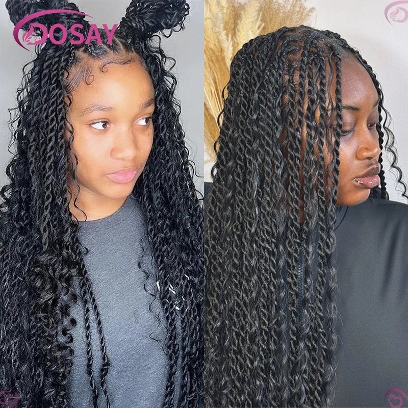 Perucas trançadas Boho Twist sintéticas para mulheres negras, perucas encaracoladas, trança de caixa sem nó, frente de renda, peruca de cabelo barata