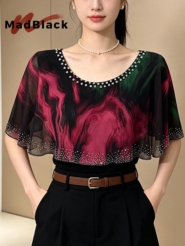 MadBlack-Women European T-Shirt, Sexy O Neck Diamond, Hotsweet Short Sleeve Slim Thin M-3XL Cloak Tee, 2026 Summer New T68333CC