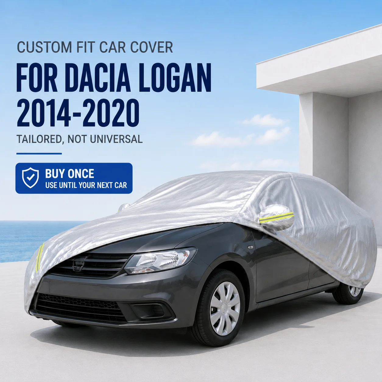 For Dacia Logan 2014-2020 Custom Fit Full Car Cover Silver Coated Fabric Side Zipper Access UV Sun Dust Protection