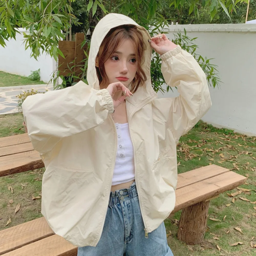Fashion Loose Sunscreen Coat Women Solid Color Windproof Sun-Protective Tops Quick-Drying Clothing Hooded Jacket Spring Autumn