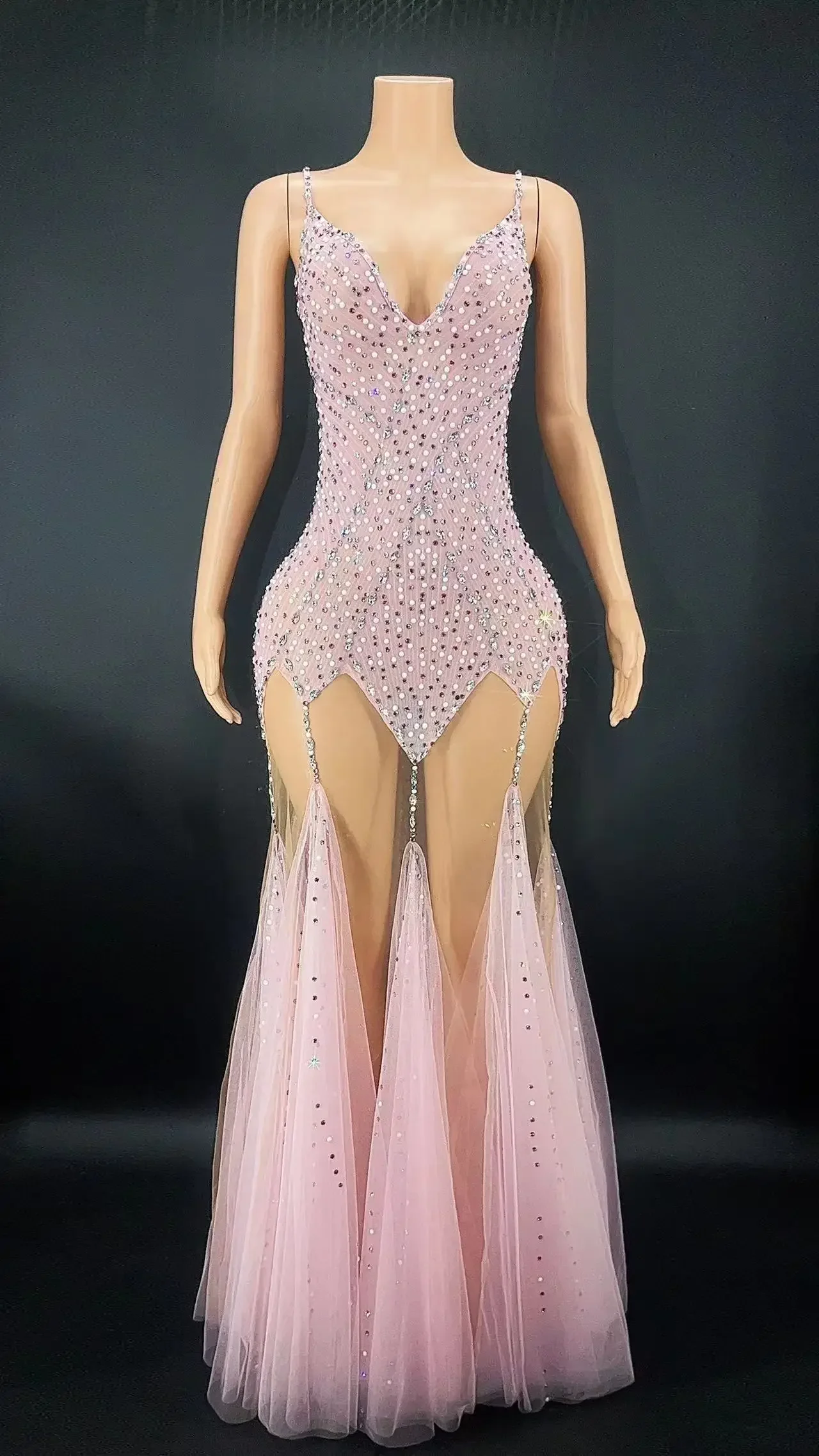 

Rhinestone Transparent Evening Birthday Celebrate Costume Women Sexy 8 Colors Stage Dress