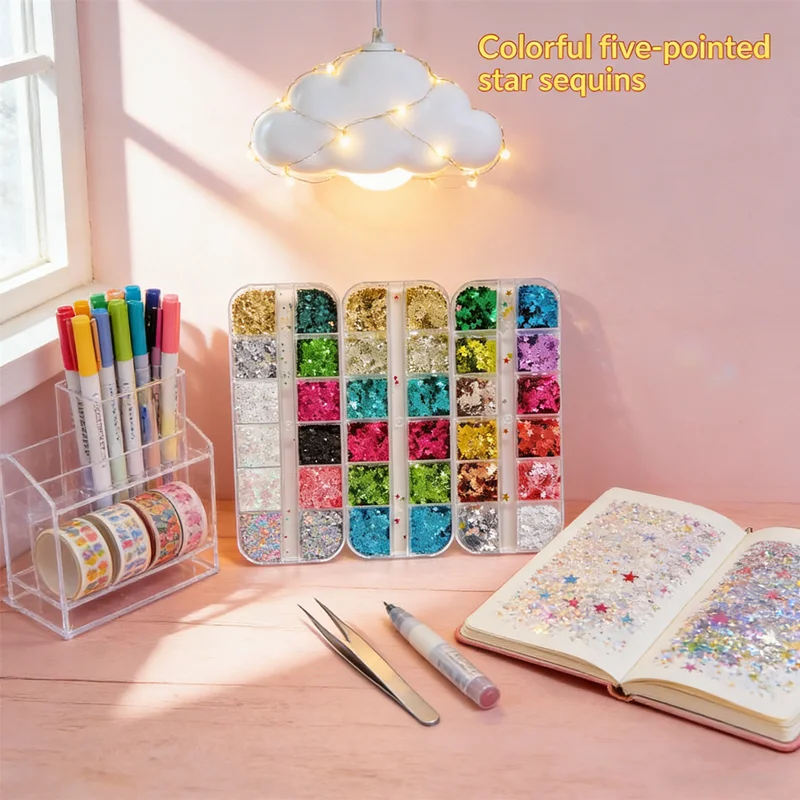 Multicolor Star Nail Rivets(12 Colors)3D Sparkle Sequin Charms in Storage Grid DIY Nail Art Decoration, Eye-Catching for Acrylic