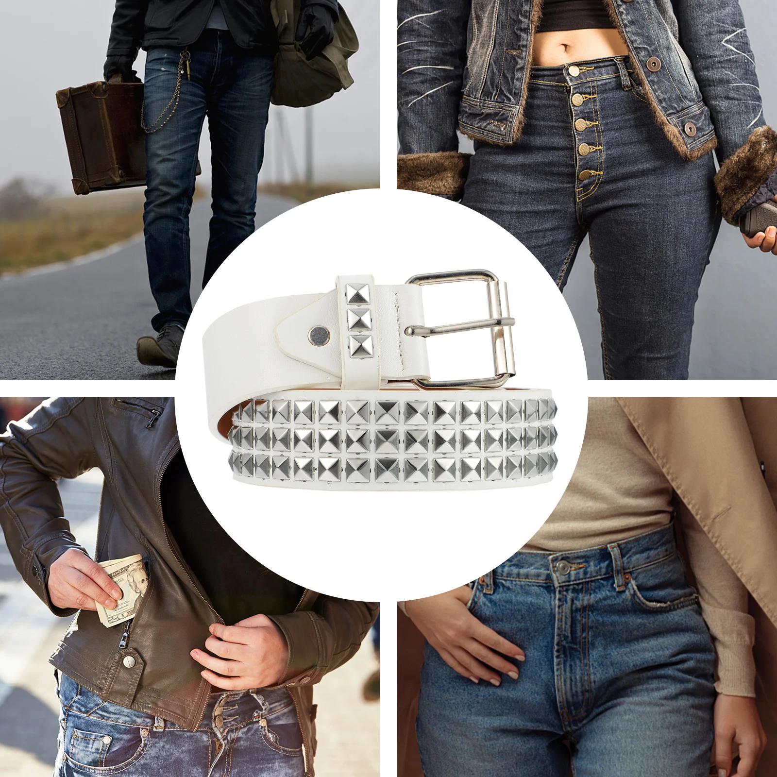 

Rivet Belt Durable Decorative Waistband White PU Non-fading Lightweight Easy to Carry Store Banquet Party Holiday Use