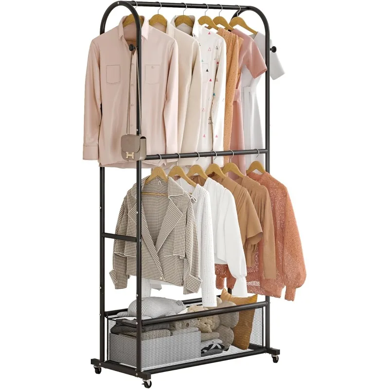 

Double Rods Clothing Rack with Wheels,Clothing Organizer for Hanging Clothes Coat Scarves Bags,Multi-functional