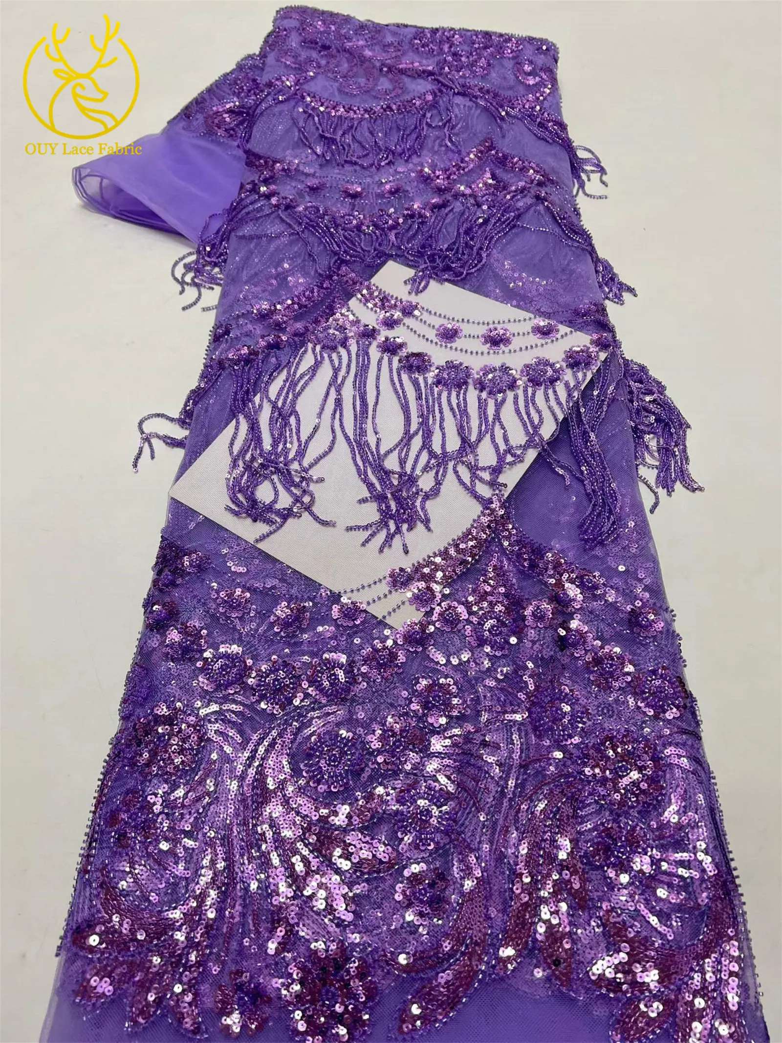Afrikanischer 3D-Quasten-Perlen-Spitzenstoff 5 Yards Französischer Tüll Pailletten-Spitzenstoff Nigerianischer Netzspitzenstoff für Hochzeitskleider – Detail 7