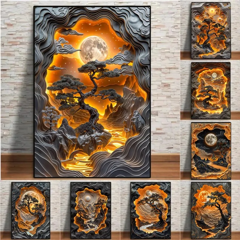 Aluminium-Metallschild, Lava-Landschaft, Mondaufgang, Tal, abstrakt, wasserfest, Wandkunst, Dekoration für Zuhause, Wohnzimmer, Innenbereich