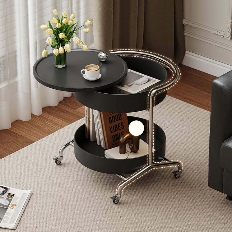 Modern Movable Coffee Table with Wheels Sofa Side End Table for Living Room Creative Round Nesting Table with Storage Shelf