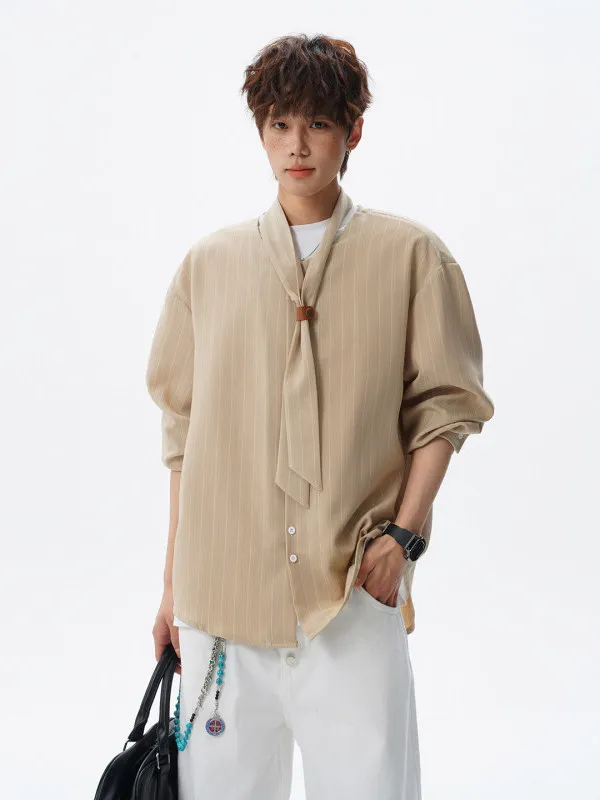 

TANGZ Studio Men's Casual Loose Long Sve irt Vintage Stripes Collarl Spring Faion Brand Polyester Cotton Blend