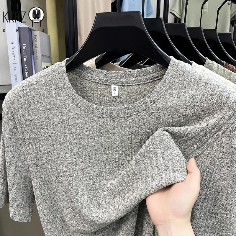 Herren Atmungsaktives Strick-T-Shirt Kurzarm O-Ausschnitt Gerippter Streifenstoff Bequemes Leichtes Alltags-Oberteil