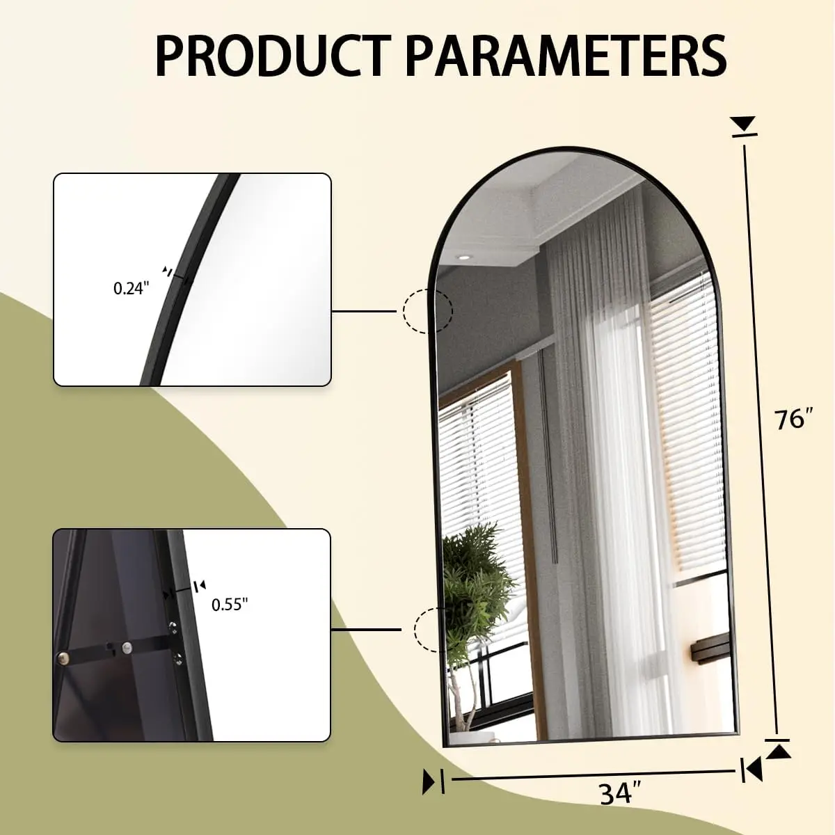 Espejo de pie de gran tamaño con marco de aluminio, espejo arqueado de longitud completa, resistente a la oxidación, para dormitorio, sala de estar y pasillo, 76x34 pulgadas