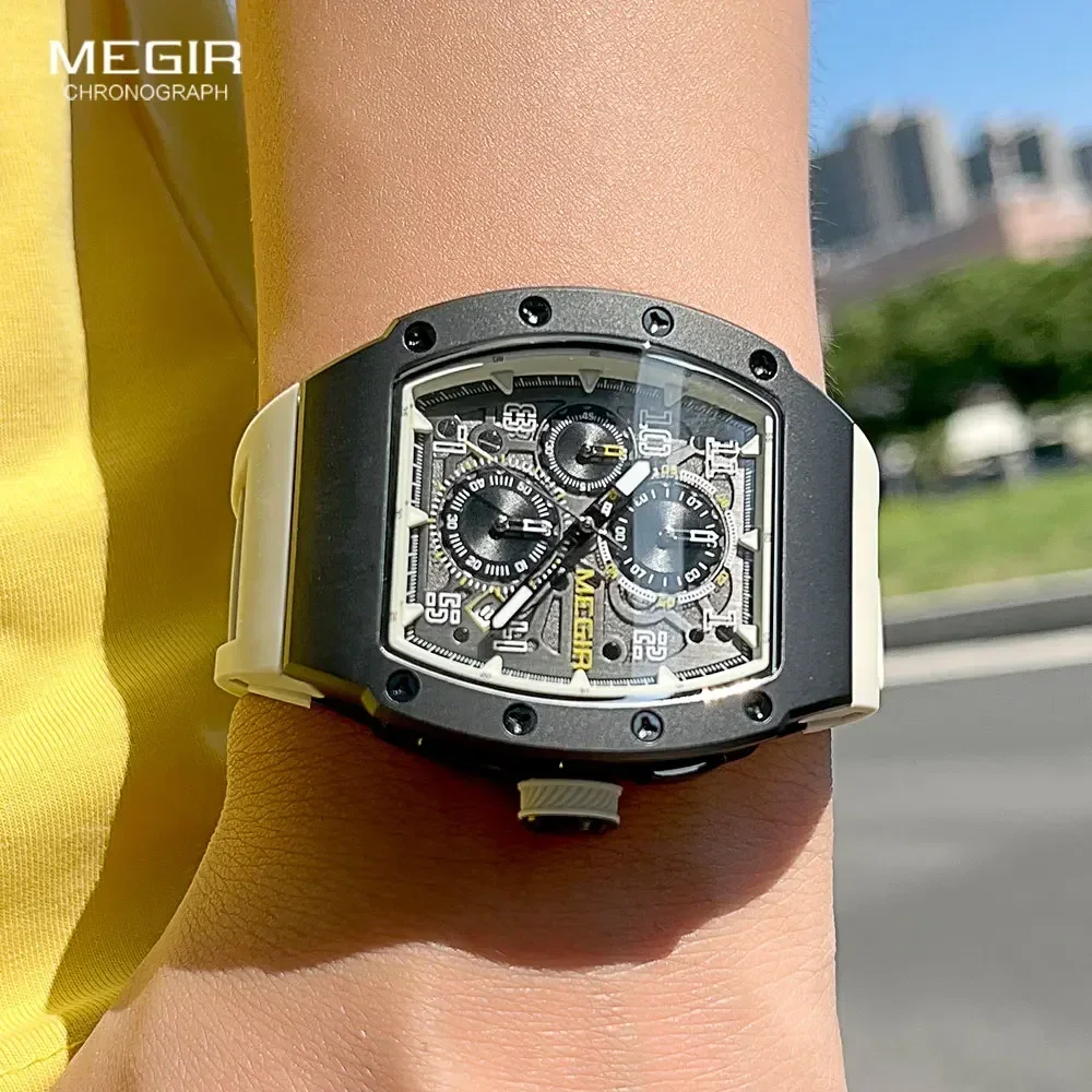 MEGIR 316 roestvrij staal quartz horloge voor heren Mode waterdicht lichtgevend chronograaf polshorloge met automatische datum siliconen band