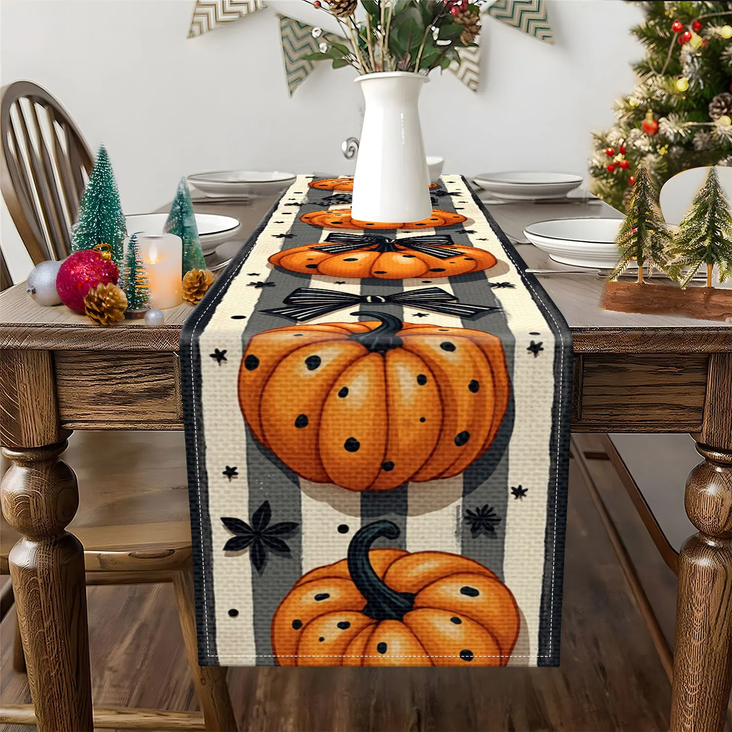 1 Piece of Halloween-Themed Table Runner, Featuring Polka Dot Pumpkins and Black Bows as Main Motifs, Suitable for Halloween Parties, Holiday Home Decorations, and Other Occasions