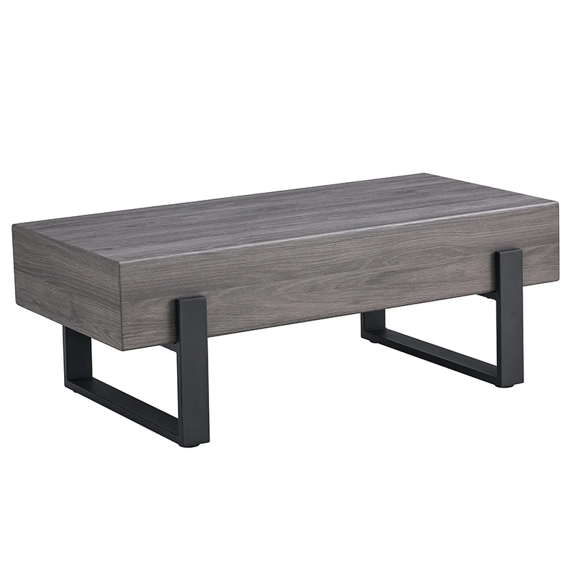 A rustic gray wood grain MDF coffee table with black metal legs - an elegant space in natural wood tones  WL