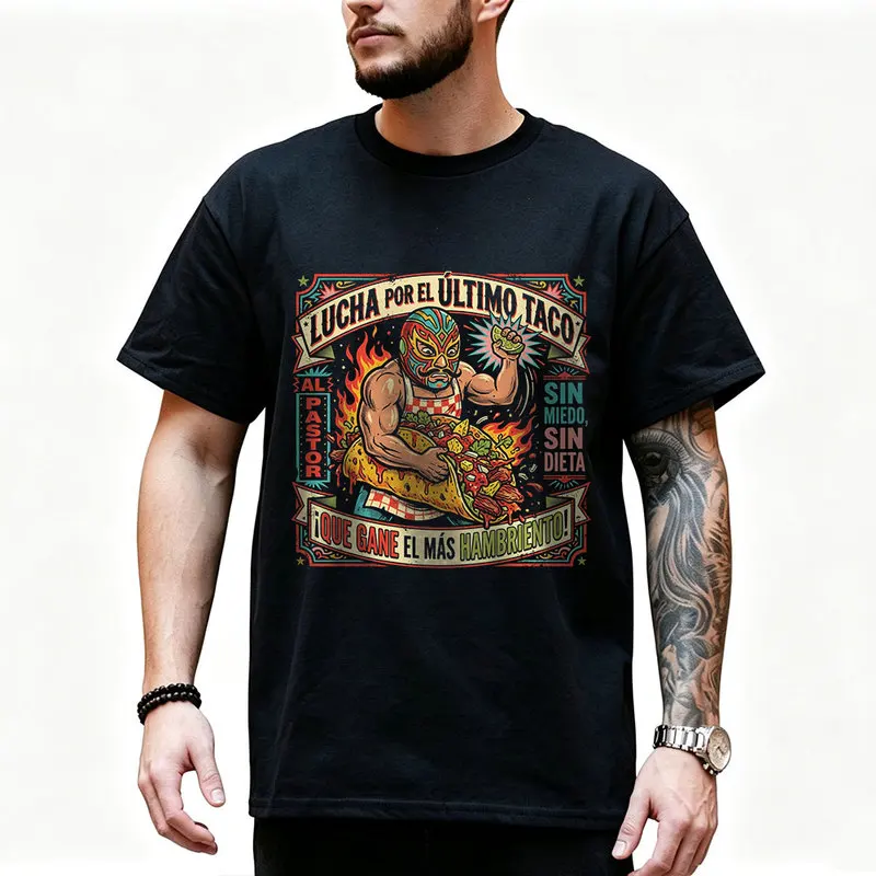 Luchador wrestling giant taco Street Food Graphic T Shirt 0912 Retro Dark Humor Mexican Culture Halloween Alternative Art Tee