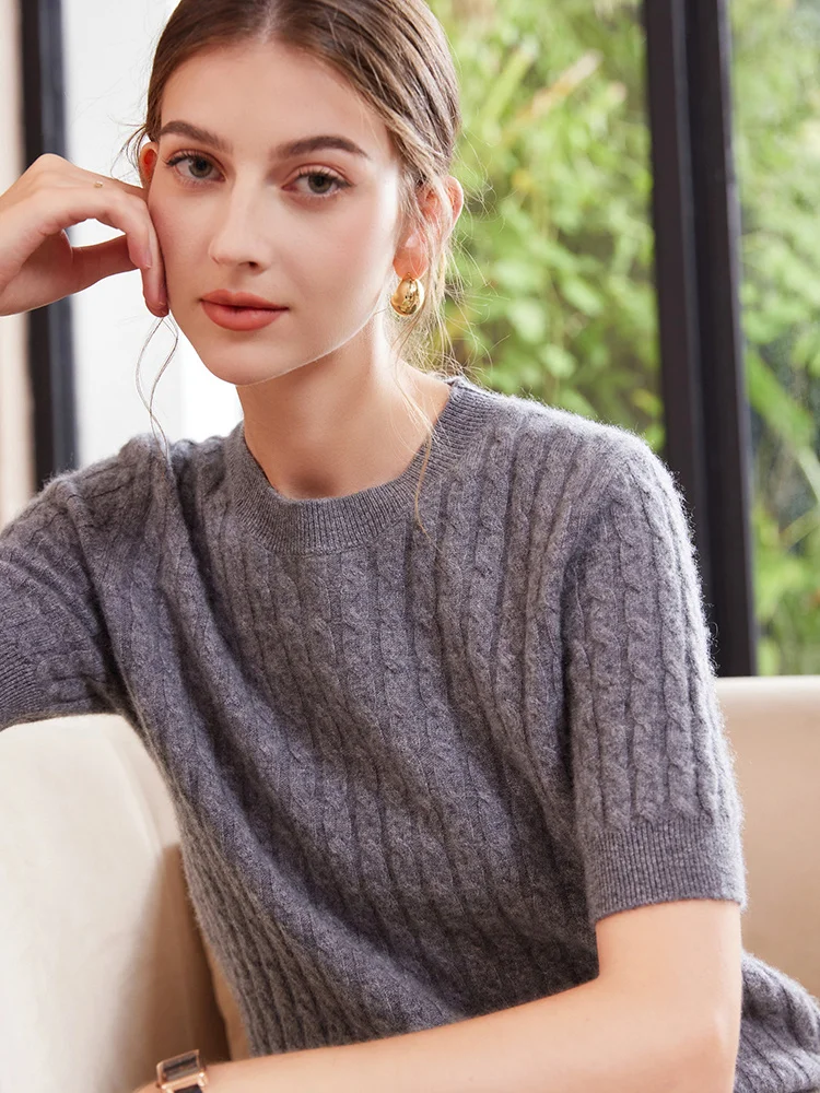 Women's 100% Goat Cashmere Sweater O-neck Twisted Mid Sleeve Pullovers Autumn Winter Thick Basic Simple Style Cashmere Knitwear