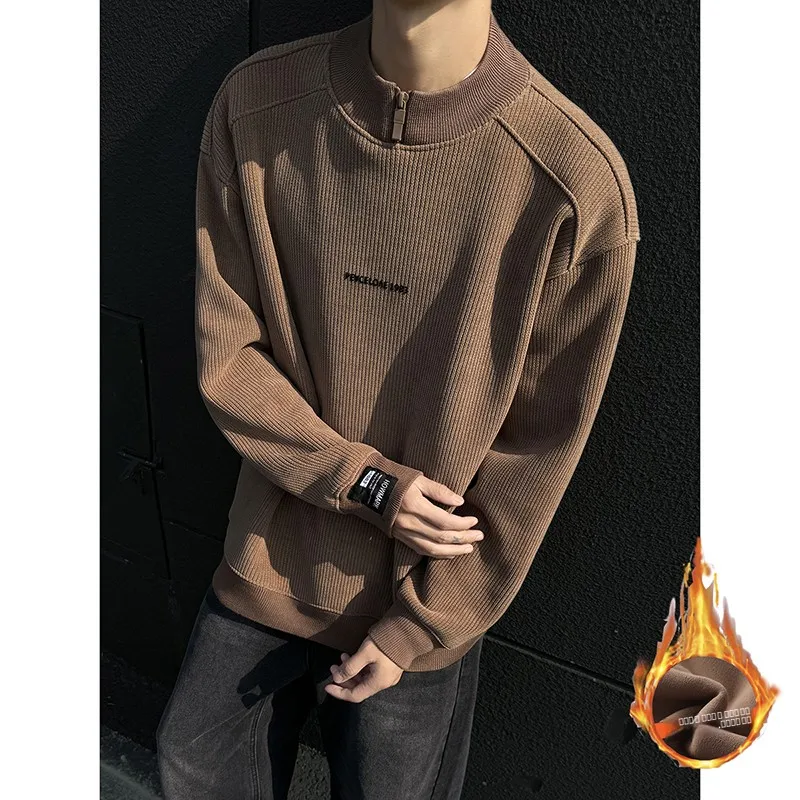 

Cé Brown Knitted f Zip up Sweatirt Men's Autumn Winter Thiened Fce Warm Slim Fit T-irt Inner Wear Base irt