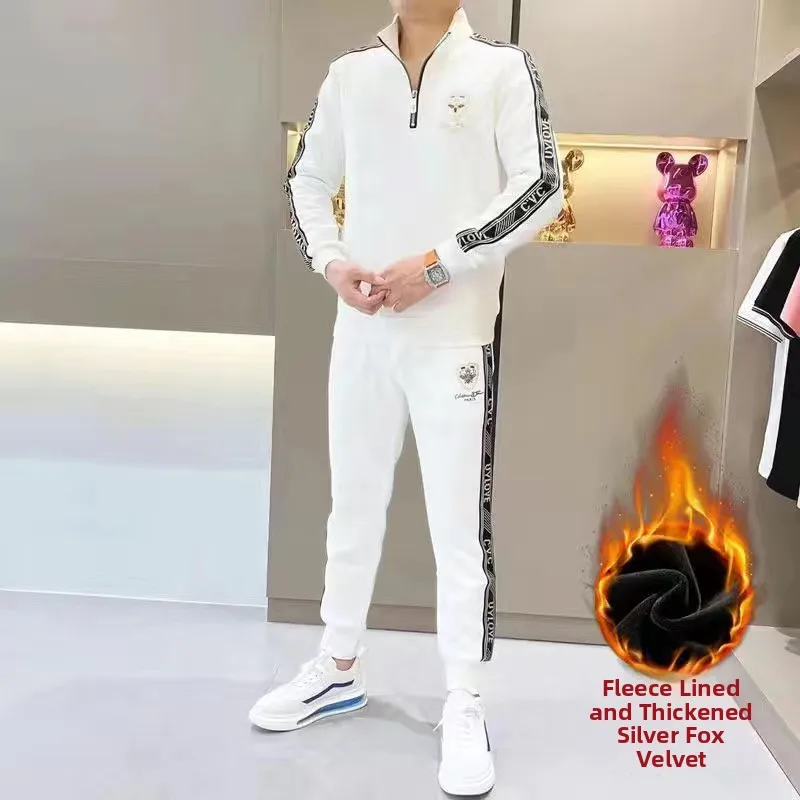

Men's Thiened Fce Lined Loose Fit Zipper Stand Collar Faion Set Autumn Winter Long Sve Pants Outfit Two-Piece Set
