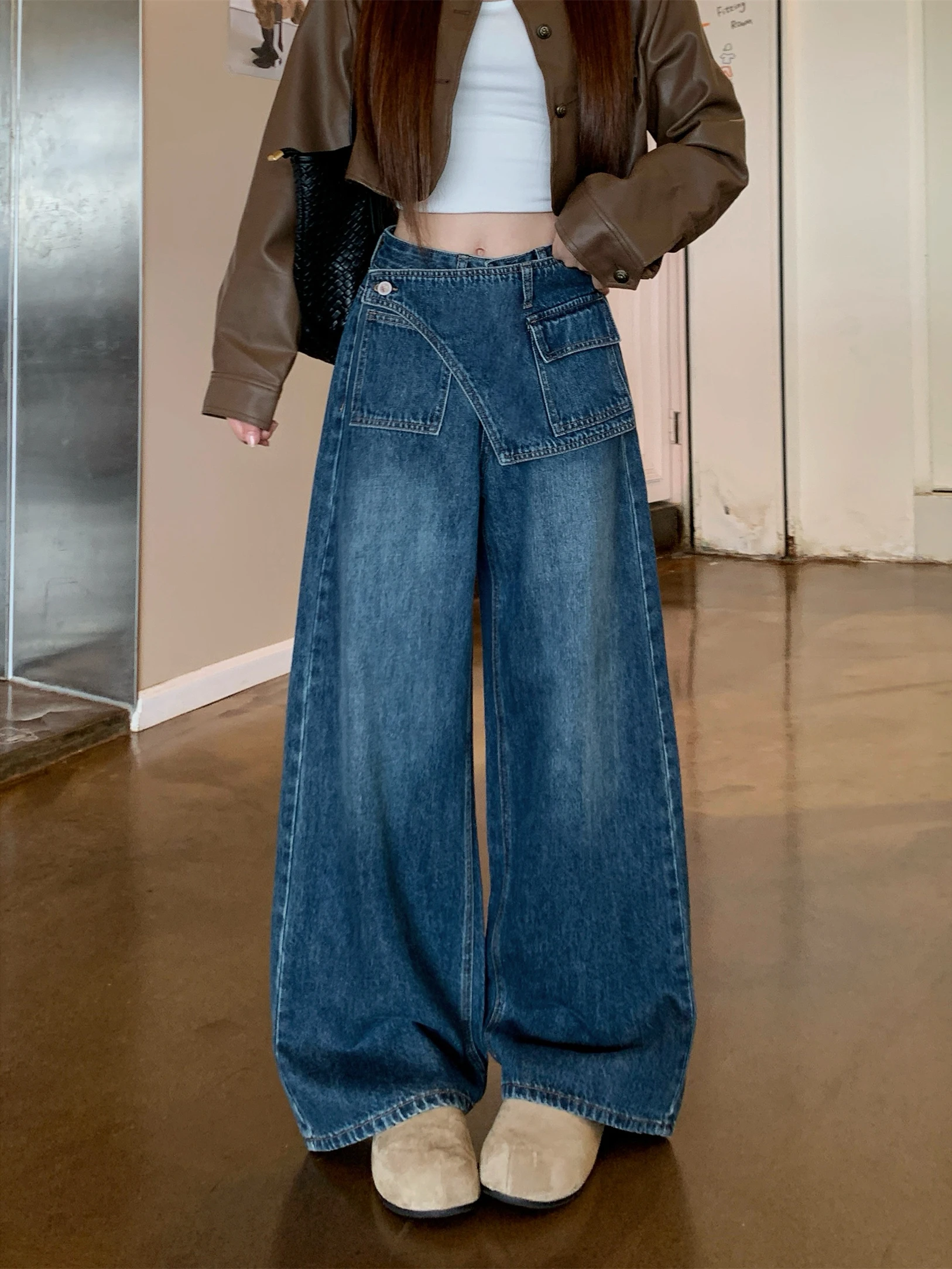 

Американские ретро-джинсы свободного кроя с асимметричной высокой талией, женские, весна 2026, новый стиль, повседневные синие джинсовые брюки с карманами