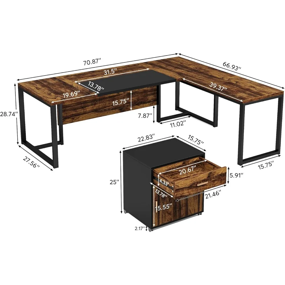 L-Shaped Executive Desk with Drawer Cabinet70.8