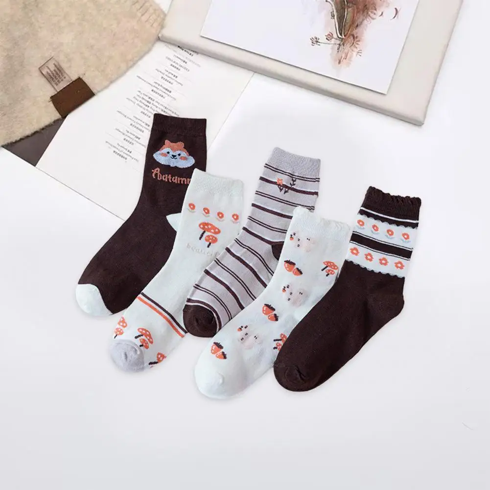 Cartoon Pattern Socks Cartoon Print Women's Mid-tube Sports Socks Sweat Absorption Anti-slip Breathable Warm 5 Pairs All-season