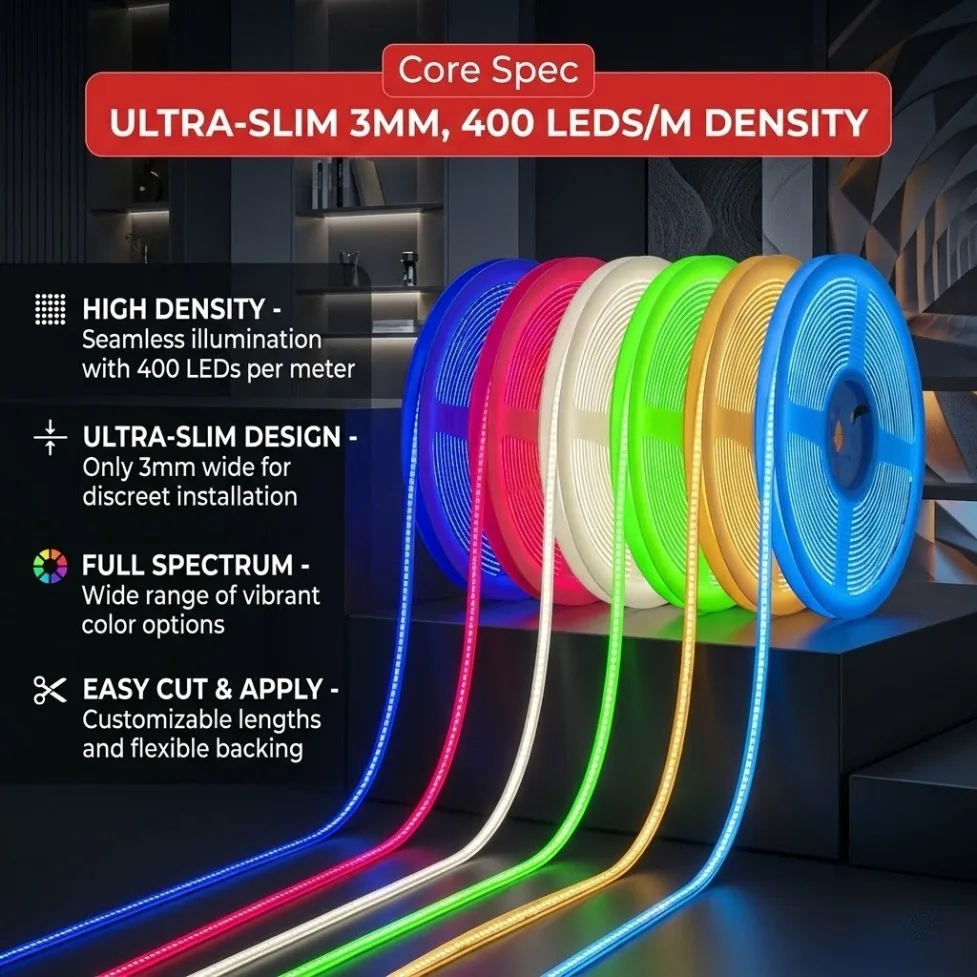 DC12V 3mm Ultra Thin High Density Colorful COB LED Strip 400