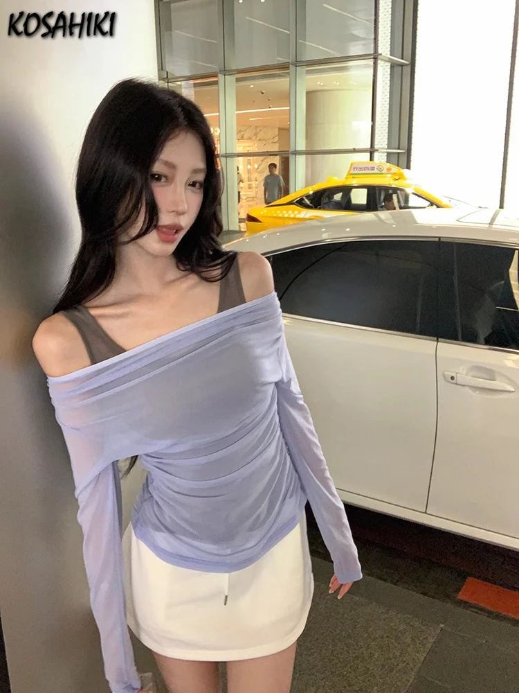 

Two Piece Sets Womens Outifits Y2k Aesthetic Slash Neck Gauze See Through Pleated T-shirt + Summer Fairy Bodycon Grunge Tank Top