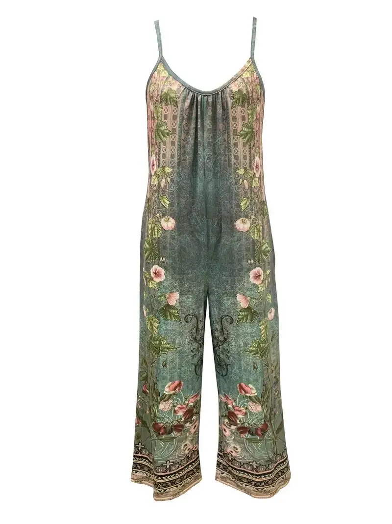 Vibrant Floral Print Wide Leg Jumpsuit - Sleeveless, Cami Style, Pocketed, Relaxed Fit, Casual Womens Clothing for Everyday Wear