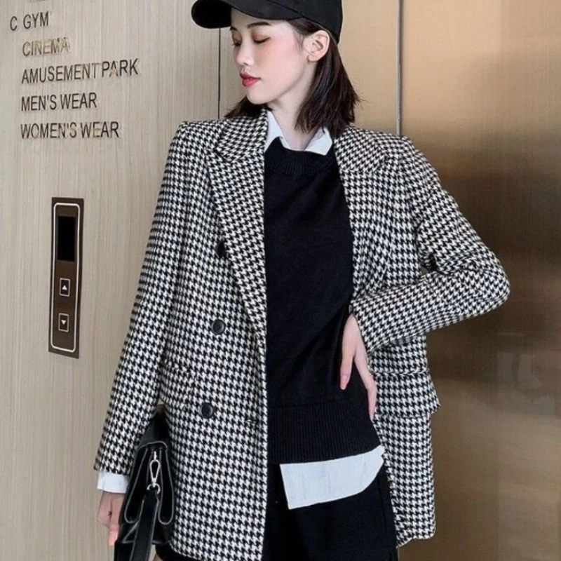 

Women Wool Coats Houndstooth Blends Notched Double Breasted Warm Thickening Stylish Elegant Femme Streetwear Ulzzang New Elegant