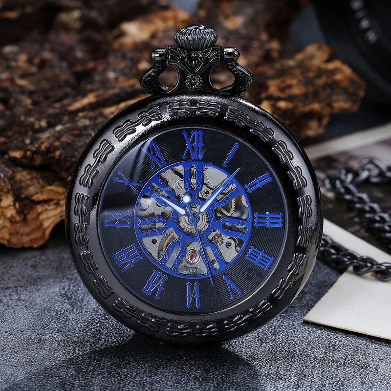 Reloj de bolsillo mecánico Steampunk para hombre y mujer, pulsera de mano con diseño de esqueleto dorado Vintage, números romanos, con cadena,