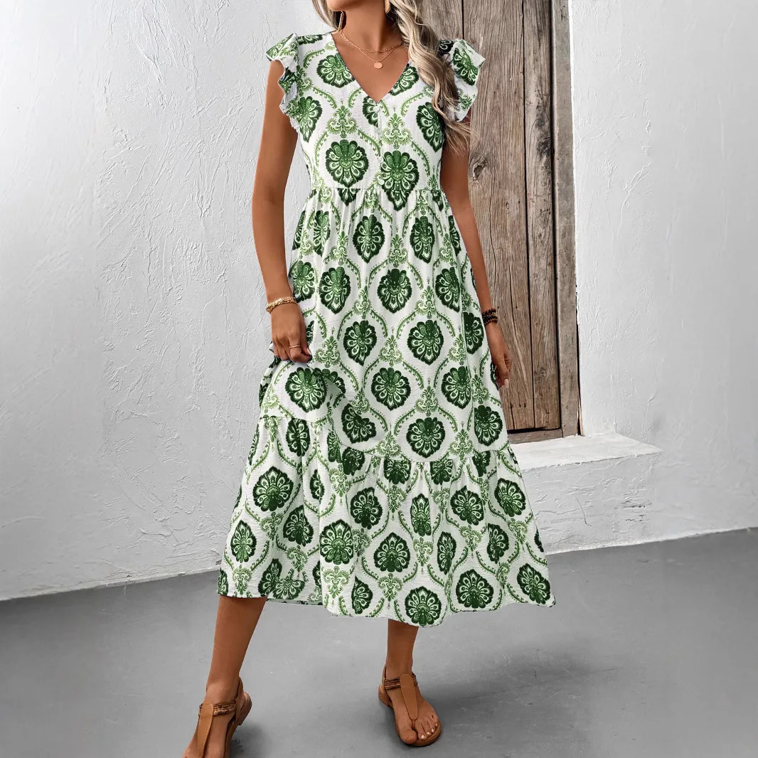 

Casual Ruffled Long Skirt 2025 Summer New Holiday Loose Ethnic Printed Dress