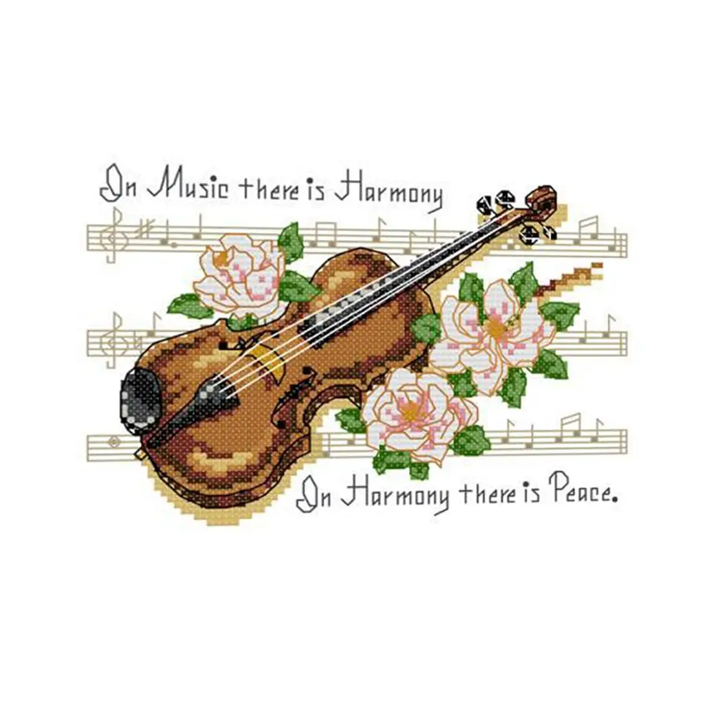 Violin Note Cross Stitch Kits Flowers Pattern DIY Embroidered Kit Printed Fabric for Home Wall Decor