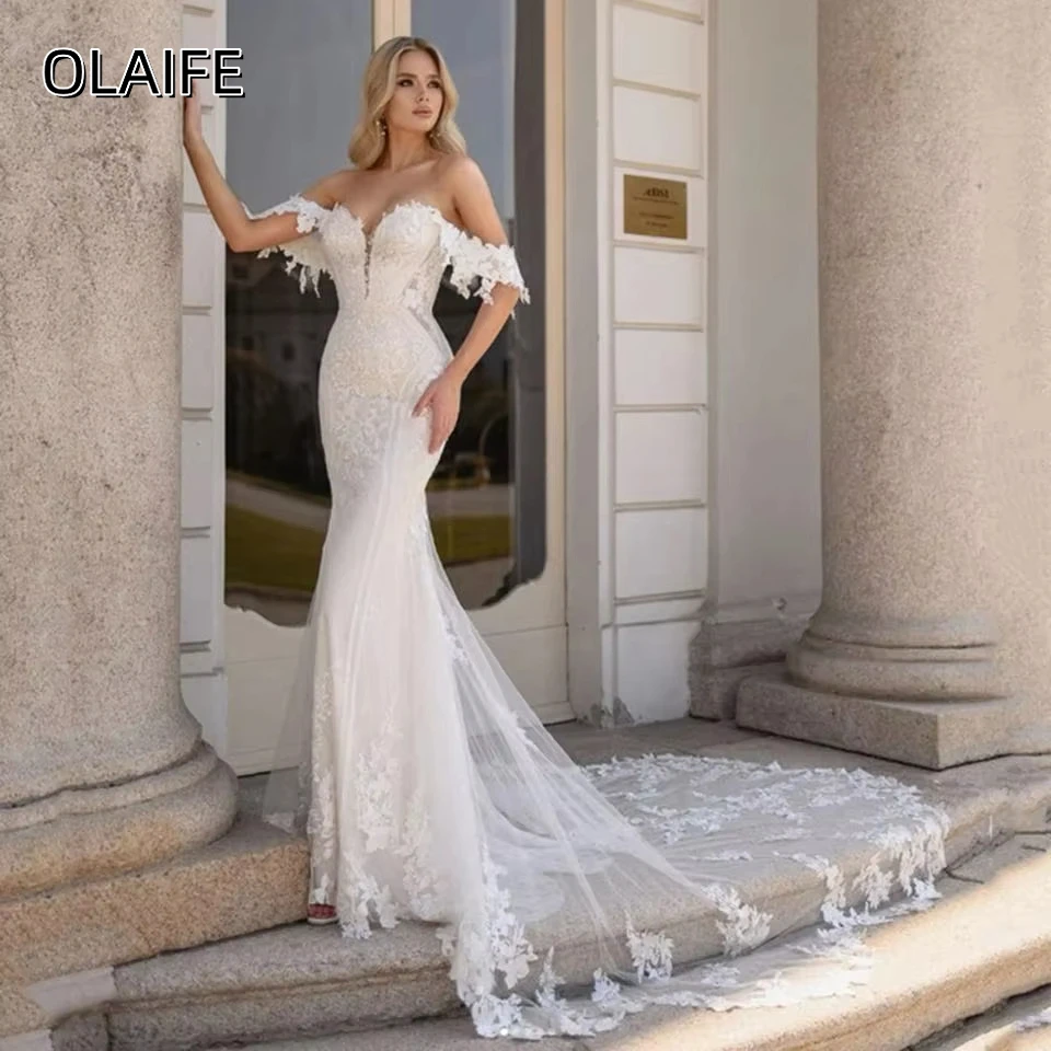 

Olaife Mermaid Wedding Dress Off Shoulder Lace Appliques Zipper Modern Bride Gown Long Sweep Train robe de mariée