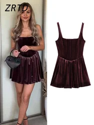 Sexy Velvet Mini Party Dress Women Pleated Square Collar Sleeveless Backless Sling Dresses 2024 Autumn Lady Elegant Vestidos New