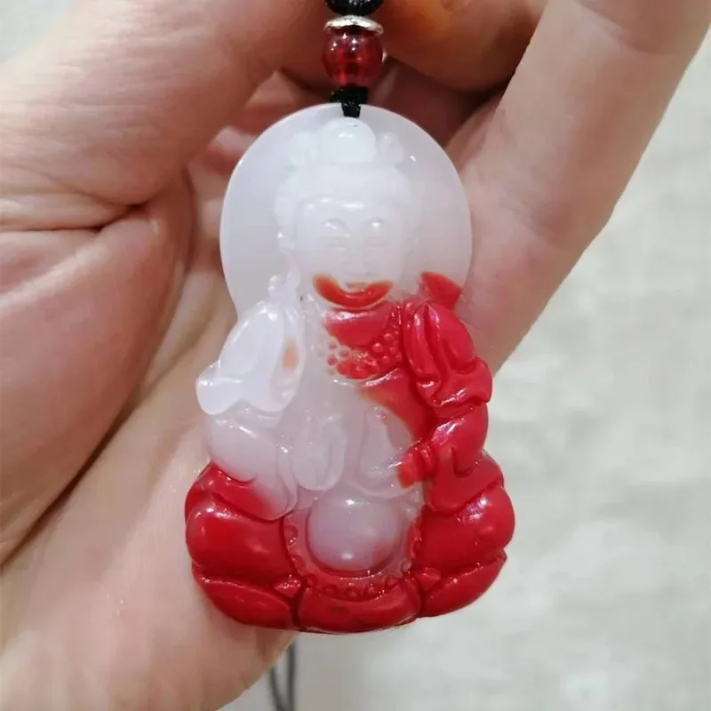 

Natural Red and White Hand Carved Guanyin Jade Pendant Fashion Boutique Jewelry Men and Women's Bodhisattva Necklace Gift