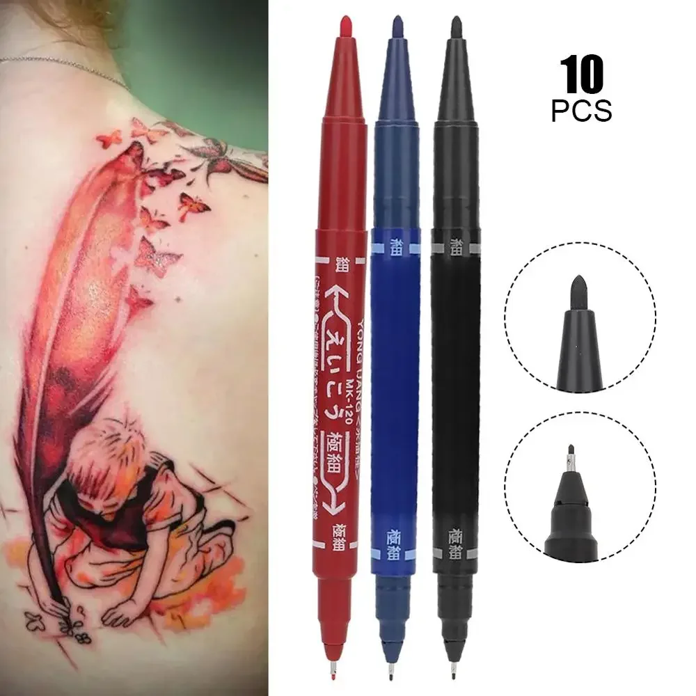 10Pcs Double-headed Tattoo Marker Pen Permanent Makeup Eyebrow Microblading Tattoo Piercing Positioning Skin Marker Pen Tattoos