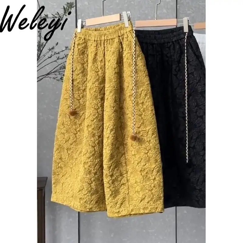 

New Chinese Jacquard Yellow Nine-point Wide-leg Pants Female Spring and Autumn Baggy Women's Premium Loose High-waisted Pants