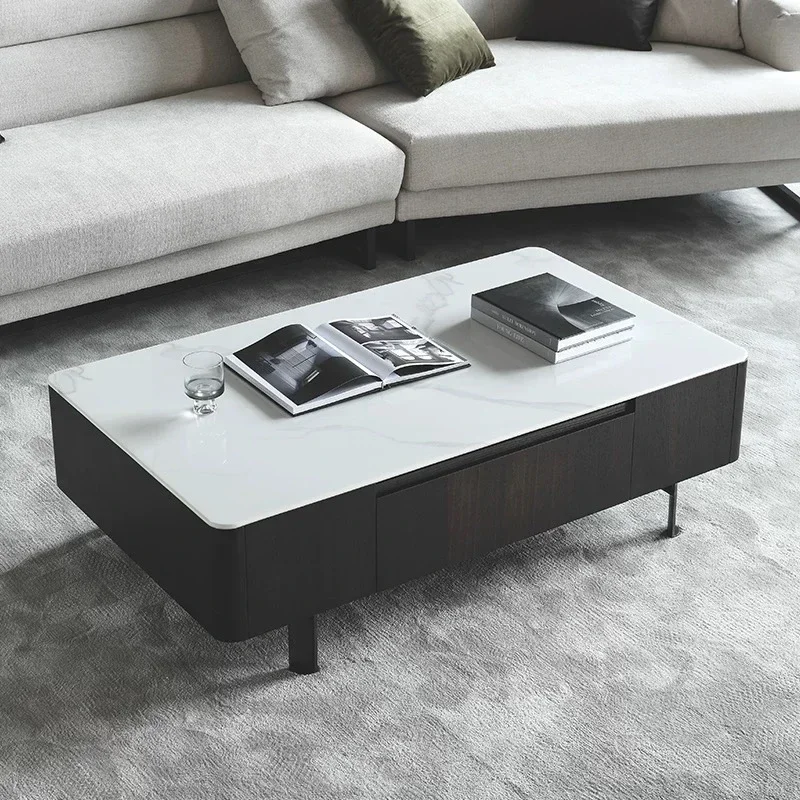 Italian minimalist rock slab smoked color coffee table, modern simple light luxury small    rectangular coffee table