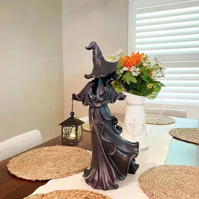 Cartoon creative Halloween black dress witch solar lamp resin handicraft decoration