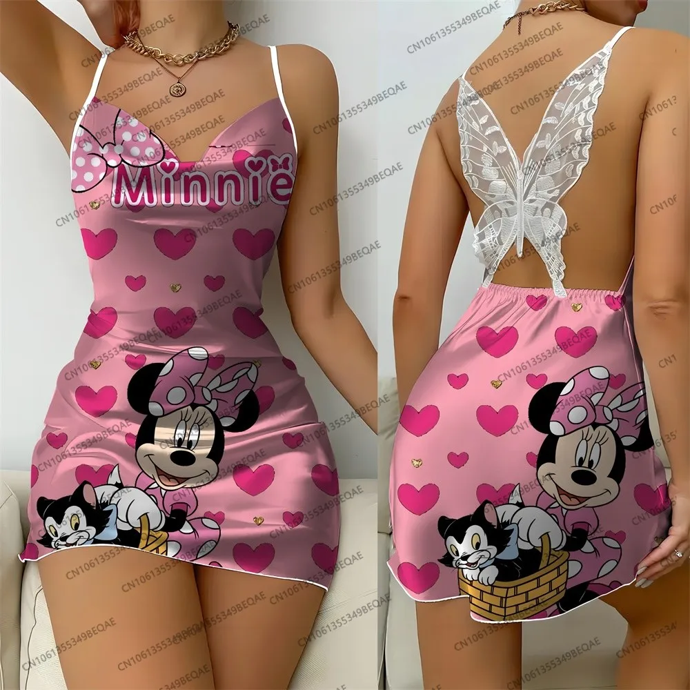 Women's Disney Cartoon Print 2025 Summer Short Skirt Elegant Suspender Sleepwear Sexy Backless Sleeveless Crew Neck Lace Dress