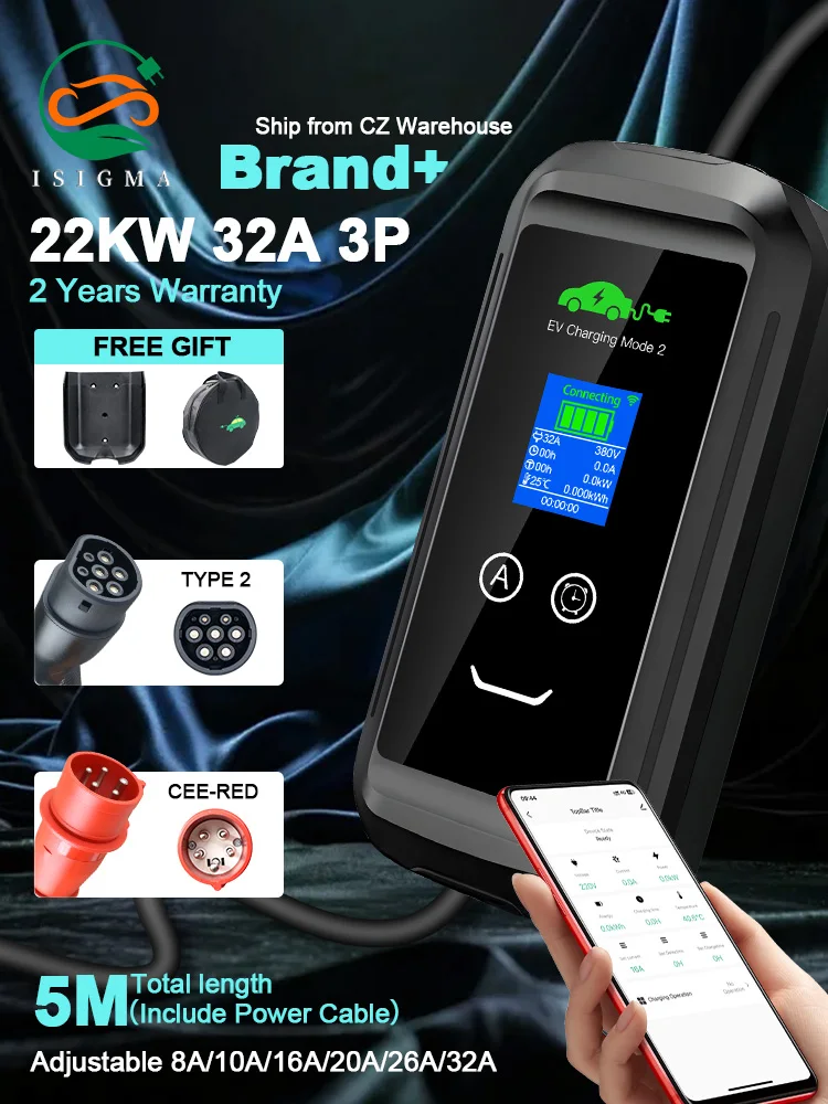 ISIGMA 32A 22KW Heimladestation Tragbares EV-Ladegerät Tuya App WLAN & Bluetooth 5M Kabel für Elektroautos