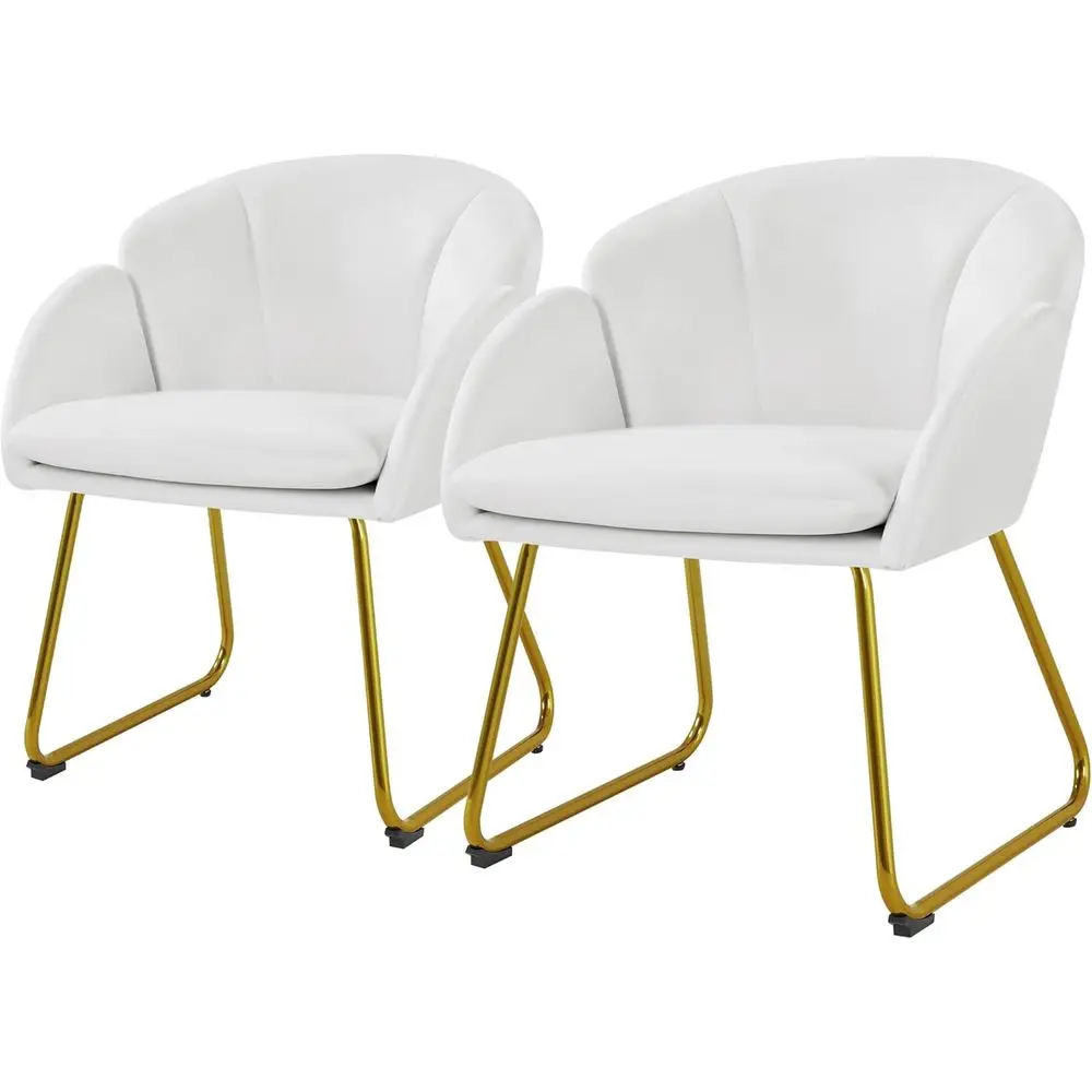 

White Velvet Petal-Shaped Dining Chairs with Curved Backrest and Gold Legs, Set of 2