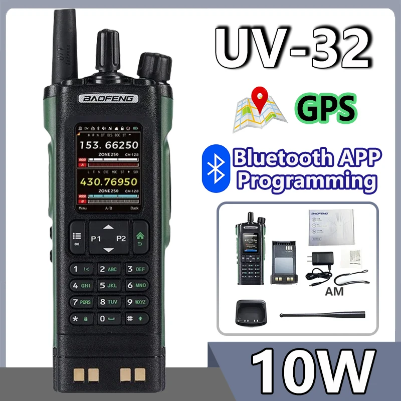 UV32 Baofeng Walkie Talkie 10W GPS Bluetooth Programm UHF VHF AM USB-C Charging Copy Frequency Long Range Updated of UV-25M 152