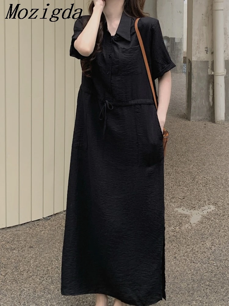 

Oversize Summer Black Shirt Dress Women Korean Elegant Ladies Dresses Waist Long Dress Woman Imitation Hemp Long Vestidos