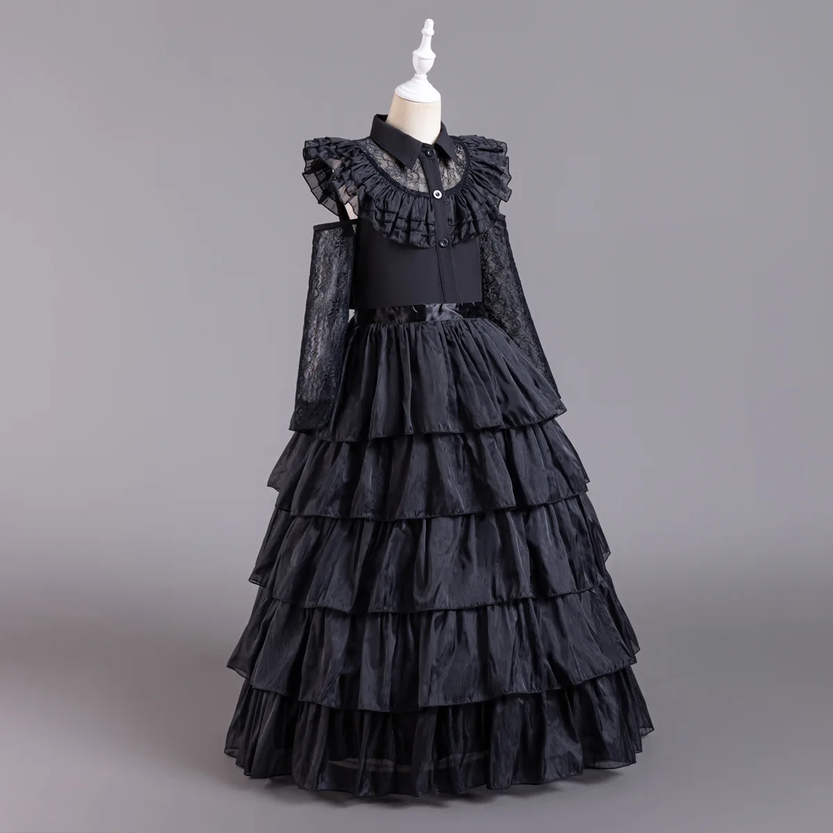 

HETISO вечернее черное платье для девочек на Хэллоуин, кружевное детское праздничное платье с длинными рукавами, шифоновый многослойный костюм с воротником