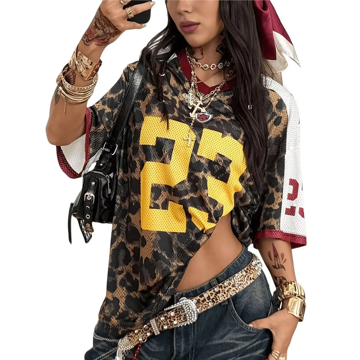 ✱Jersey Shirts for Women Oversized T-Shirt Jersey Top Graphic V Neck T-Shirts for Teen Girls Leopard Print L